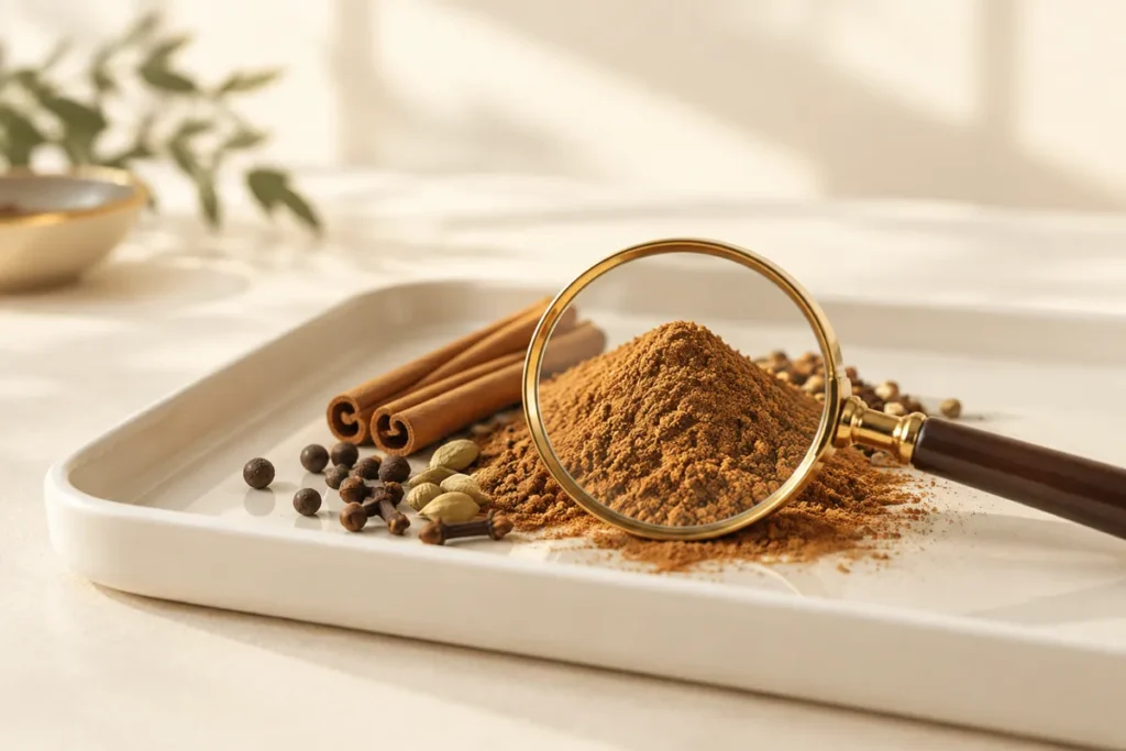 Lupa sobre canela em pó e especiarias em bandeja de inspeção