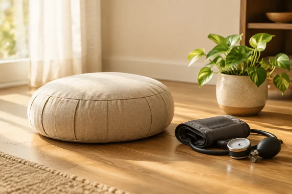 Almofada de meditação ao lado de um aparelho de pressão de braço