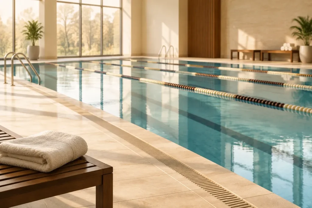 Piscina coberta vazia com raias e uma toalha no banco