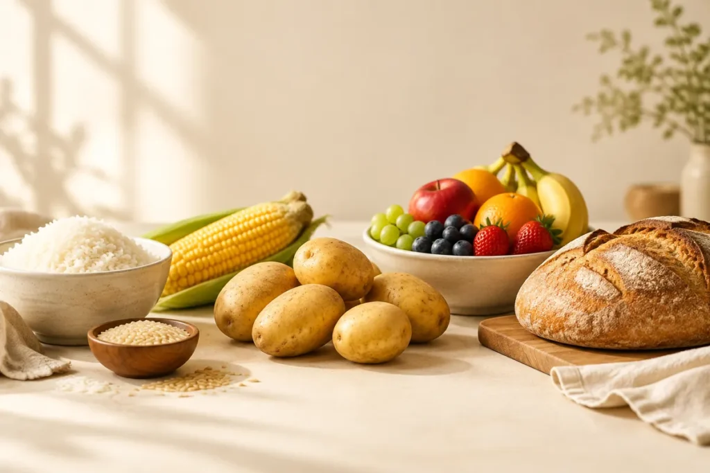 Alimentos sem glúten: arroz, milho, batatas, frutas e pão