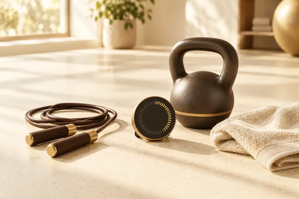 Corda de pular, kettlebell e toalha sobre o piso, materiais de treino intervalado