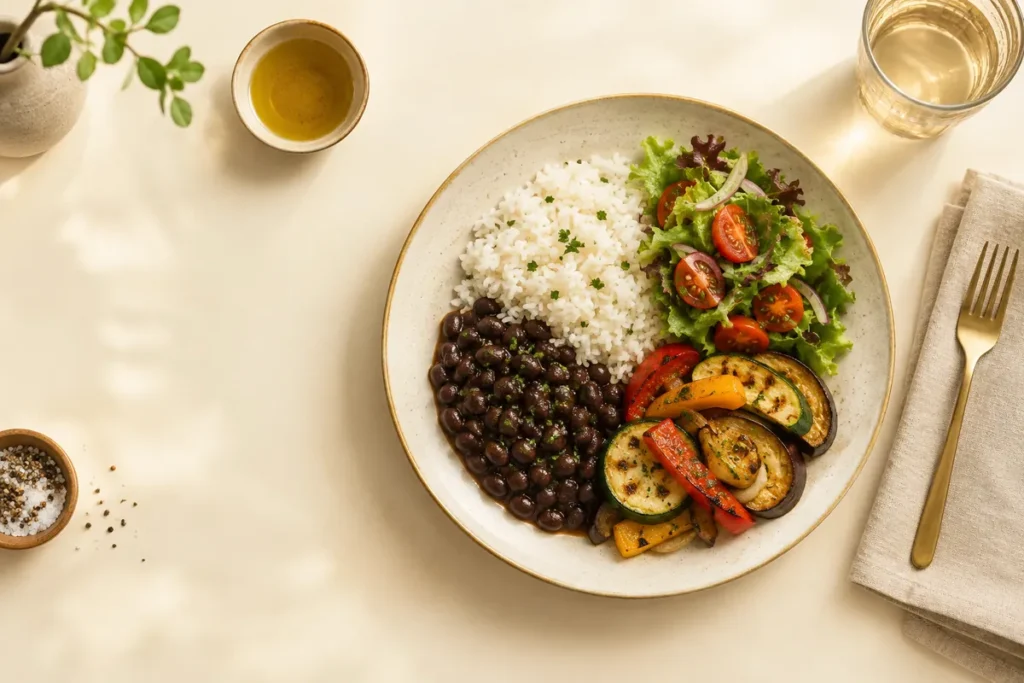 Prato de arroz, feijão preto, salada e legumes