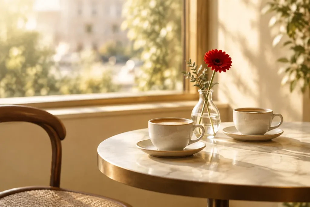 Duas xícaras de café numa mesa de café com uma flor vermelha no vaso