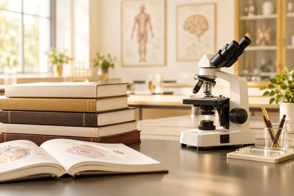 Livros de medicina e microscópio em um laboratório de aula