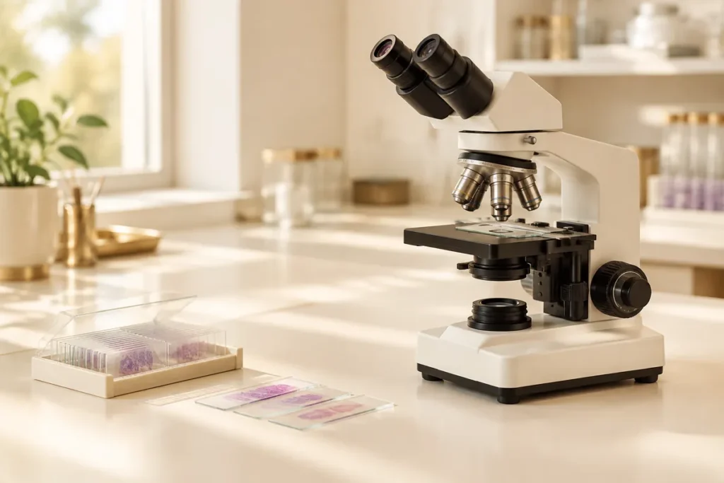 Microscópio com lâminas de vidro em uma bancada de laboratório