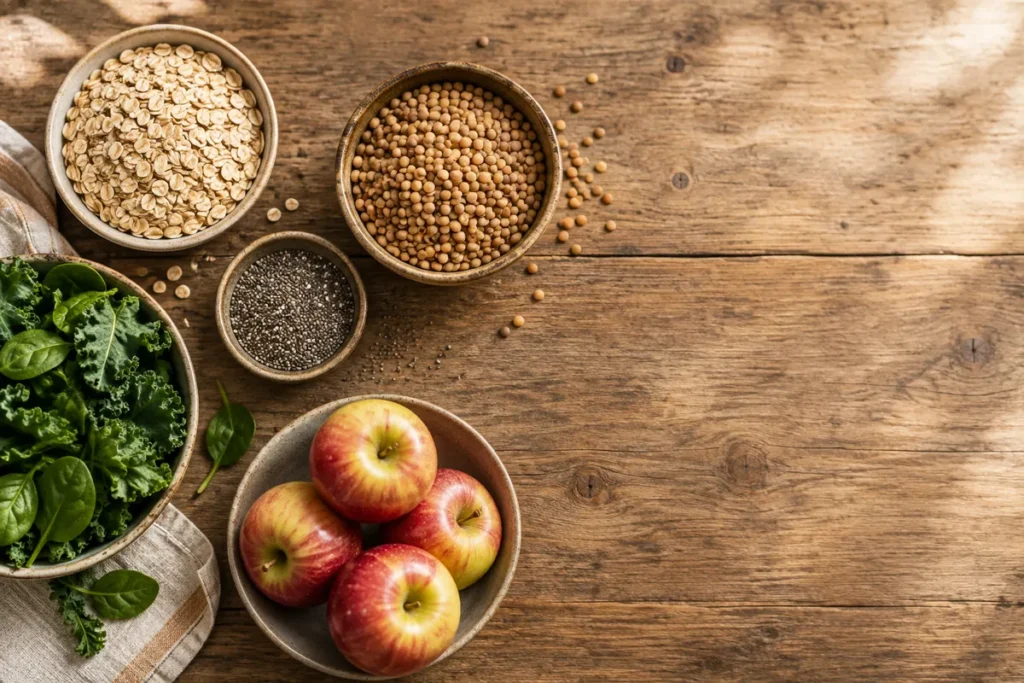 Tigelas de aveia, lentilha, chia, maçãs e folhas verdes