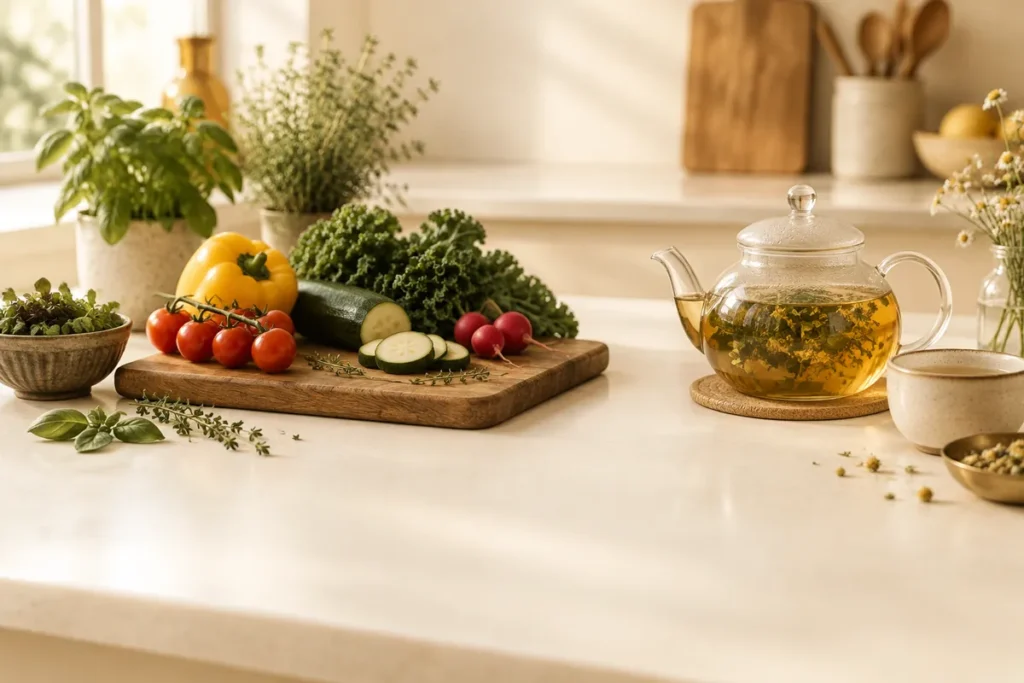 Tábua com legumes, ervas e um bule de chá na bancada da cozinha