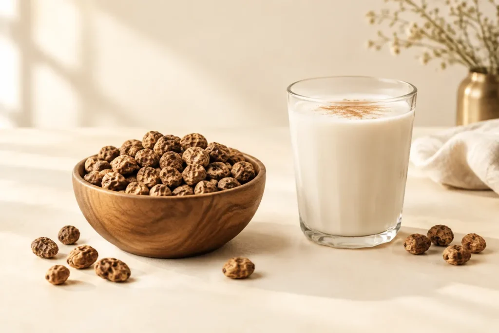 Tigernuts em uma tigela de madeira e um copo de horchata