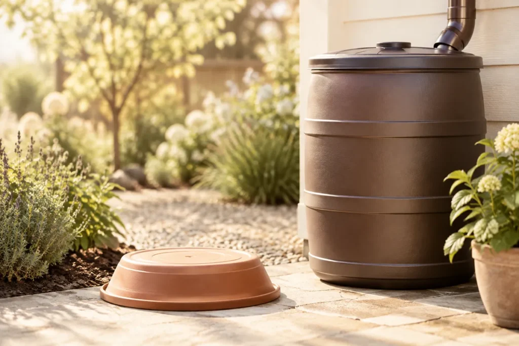 Prato de vaso virado e barril tampado em um jardim, sem água parada