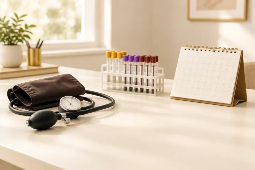 Aparelho de pressão, tubos de coleta de sangue e calendário na mesa do consultório