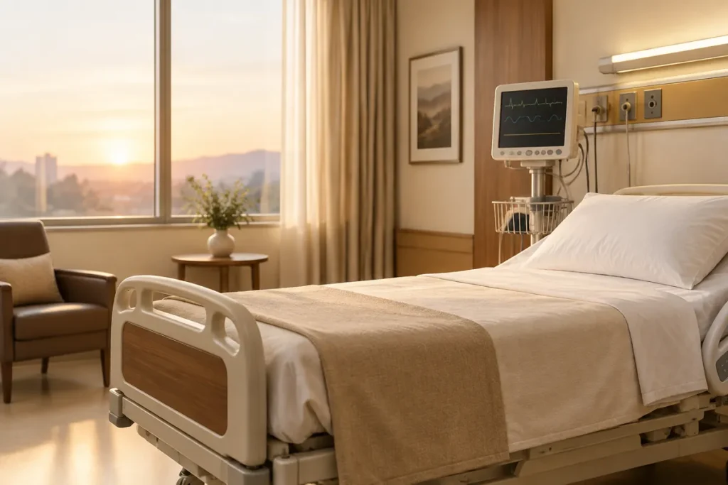 Quarto de hospital vazio com cama arrumada e monitor