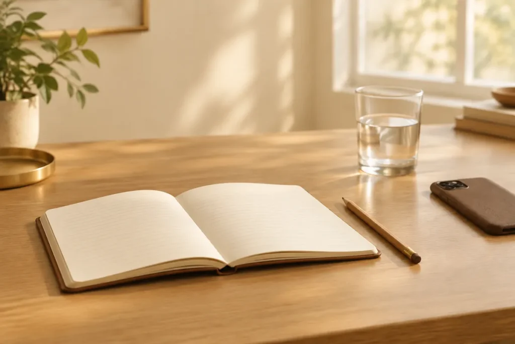 Mesa com caderno aberto, lápis, copo de água e celular virado para baixo