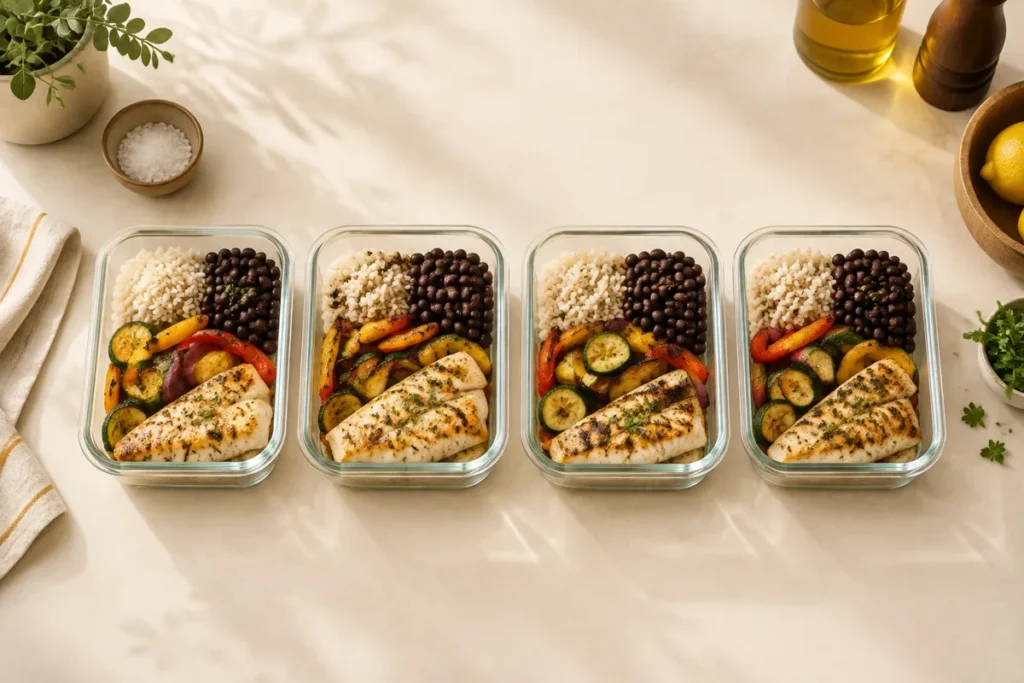 Potes de vidro com marmitas de arroz, feijão, legumes e peixe na bancada
