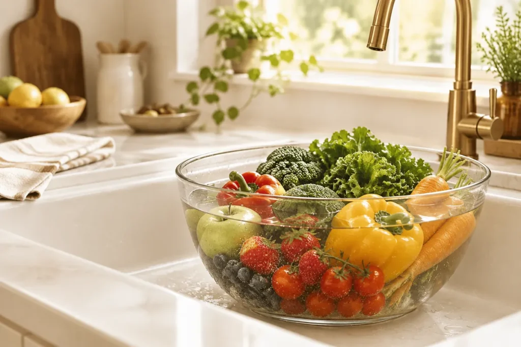 Frutas e legumes de molho em uma tigela de vidro com água