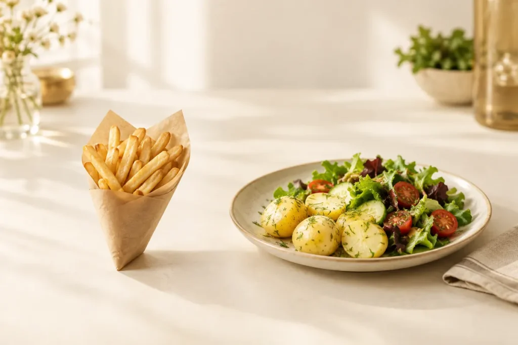 Cone de batata frita ao lado de um prato de batatas cozidas e salada