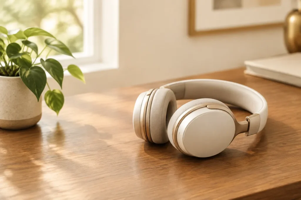 Fone de ouvido sobre a mesa de madeira ao lado de uma planta