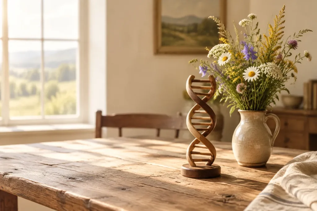 Modelo de DNA em madeira e vaso de flores sobre mesa rústica