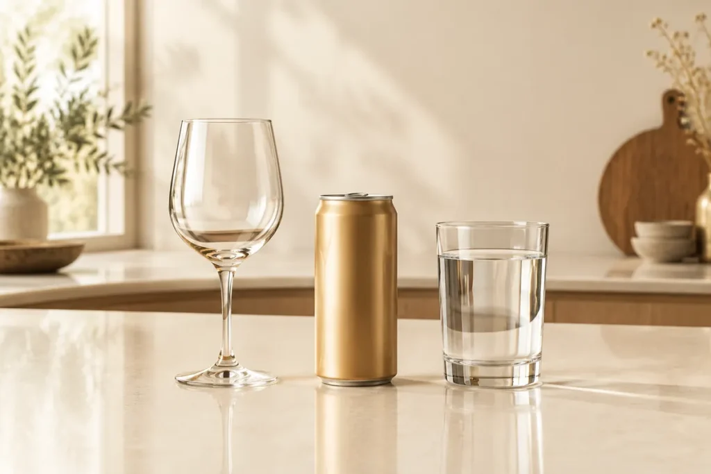 Taça de vinho vazia, lata de energético sem rótulo e um copo de água