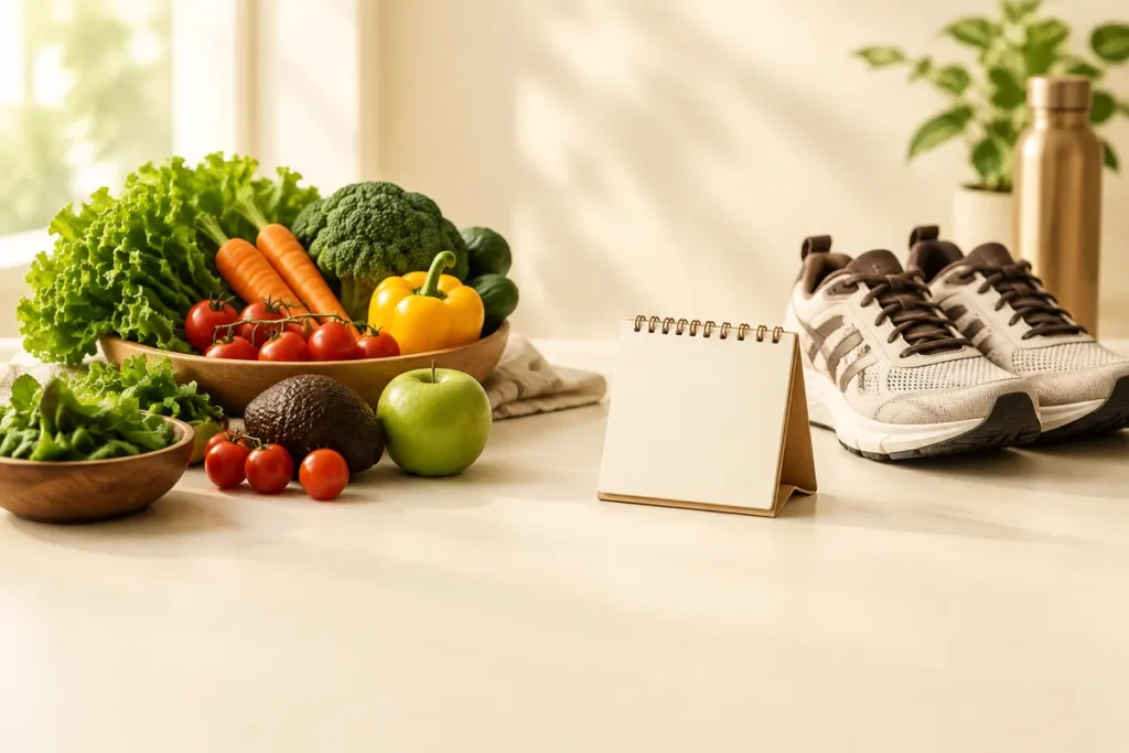 Legumes, tênis de corrida e um calendário sobre a mesa