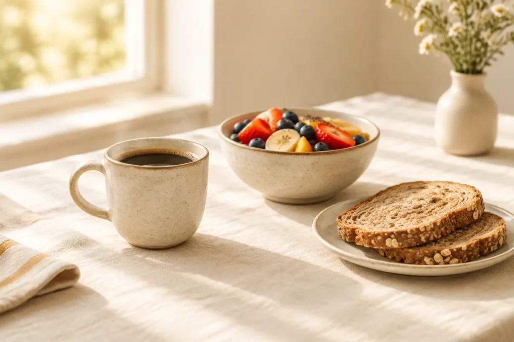 Mesa de café da manhã com xícara de café, frutas e pão integral