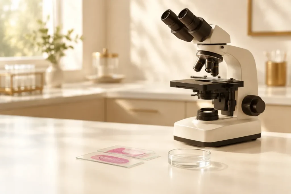 Microscópio com lâminas de tecido corado sobre a bancada