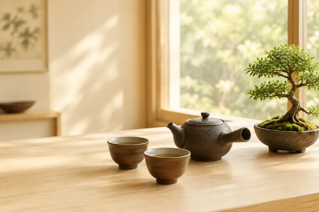 Jogo de chá japonês e bonsai sobre uma mesa de madeira