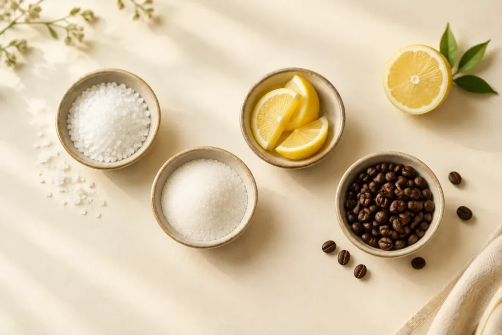 Tigelas com sal, açúcar, limão e grãos de café para os sabores básicos