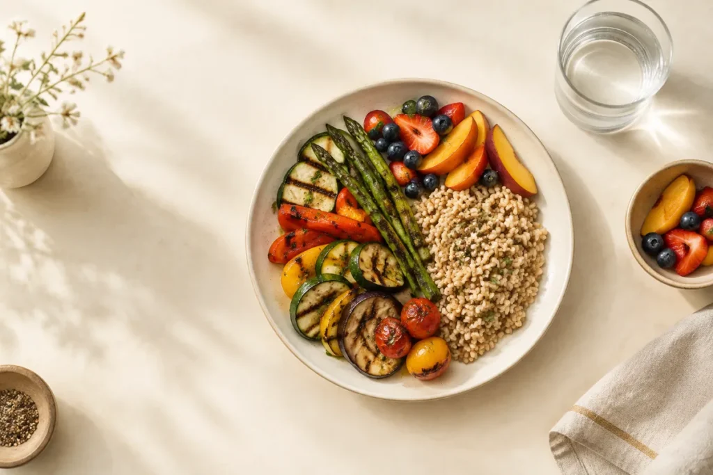 Prato leve com legumes grelhados, arroz integral e frutas