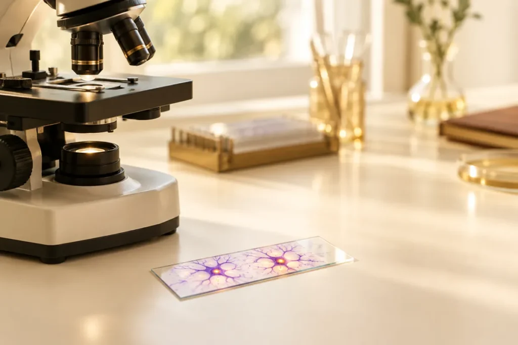 Microscópio e lâmina com neurônios corados na bancada do laboratório
