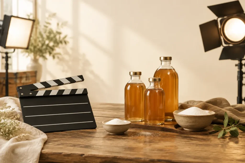 Mesa de objetos de cena de filme, com claquete e garrafas sem rótulo