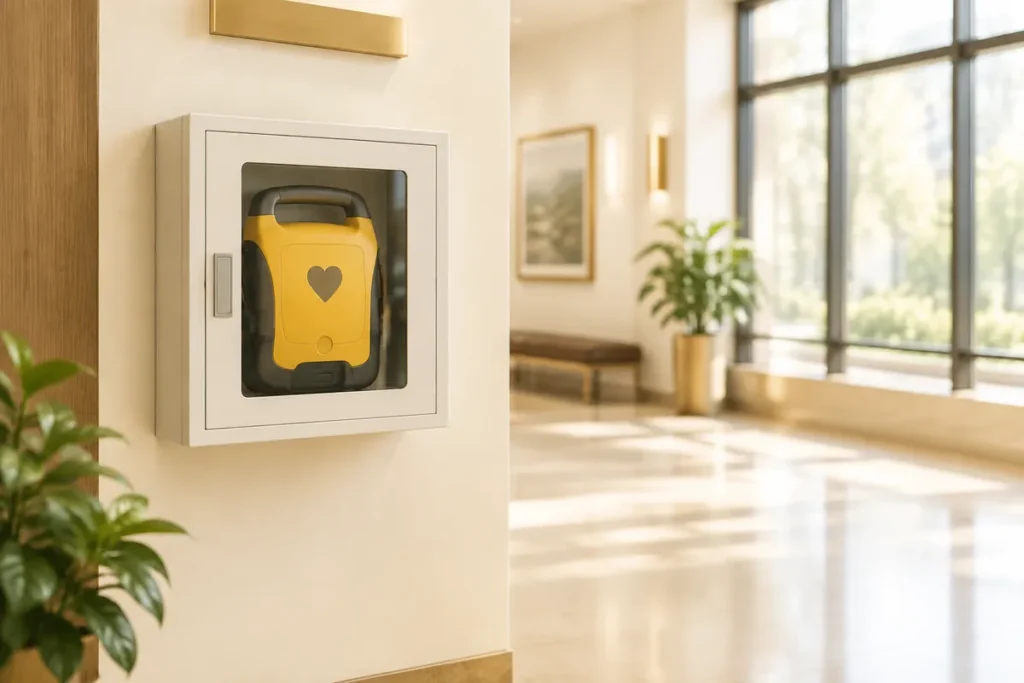 Desfibrilador externo automático em uma caixa na parede de um corredor