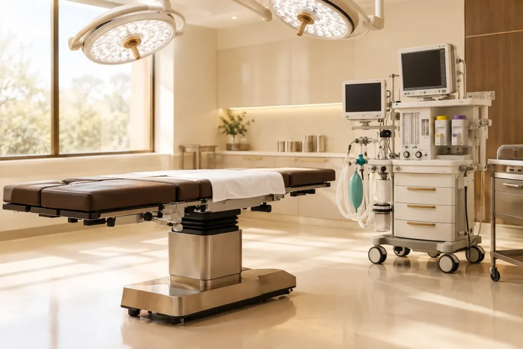 Sala de cirurgia vazia com aparelho de anestesia e monitores