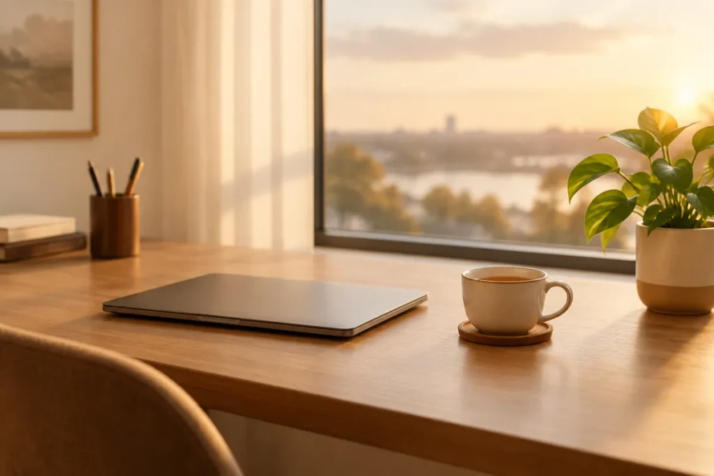 Mesa de escritório vazia com notebook fechado e xícara de chá