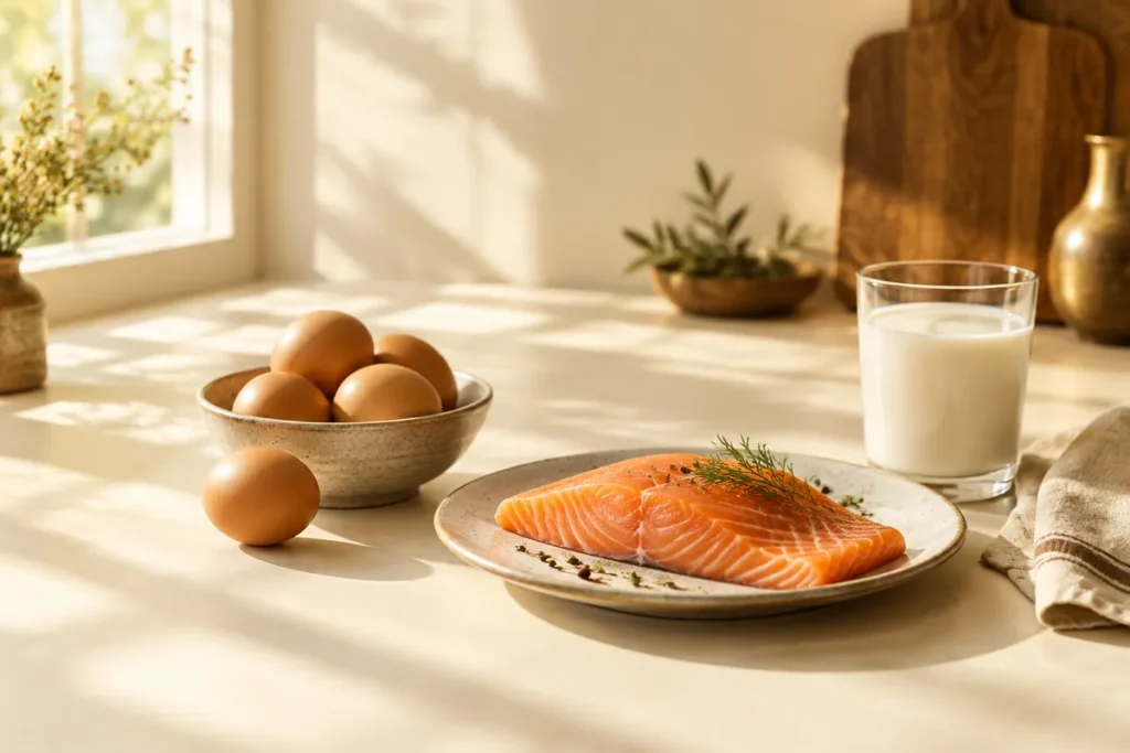 Luz do sol sobre a mesa com ovos, salmão e um copo de leite