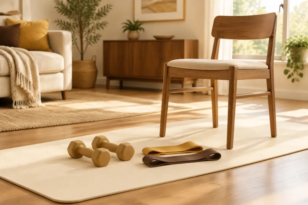 Halteres leves, faixas elásticas e cadeira sobre o tapete de exercício