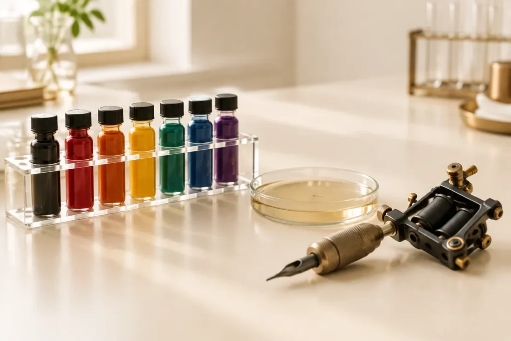 Frascos de tintas coloridas, placa de Petri e máquina de tatuagem no laboratório