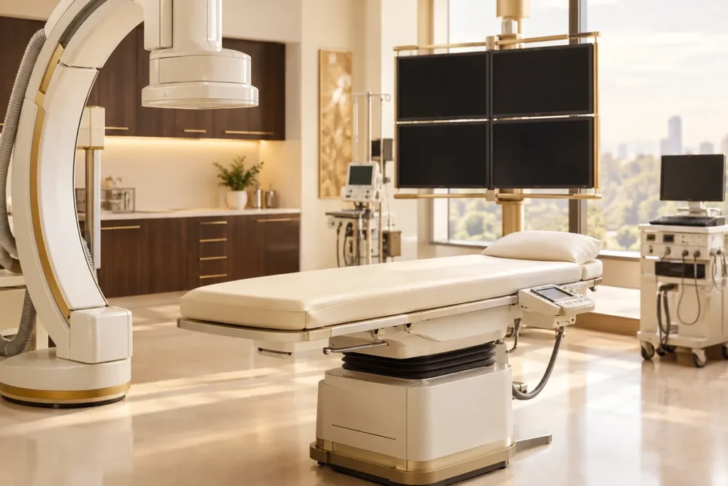 Sala de eletrofisiologia vazia, com monitores e mesa de exame