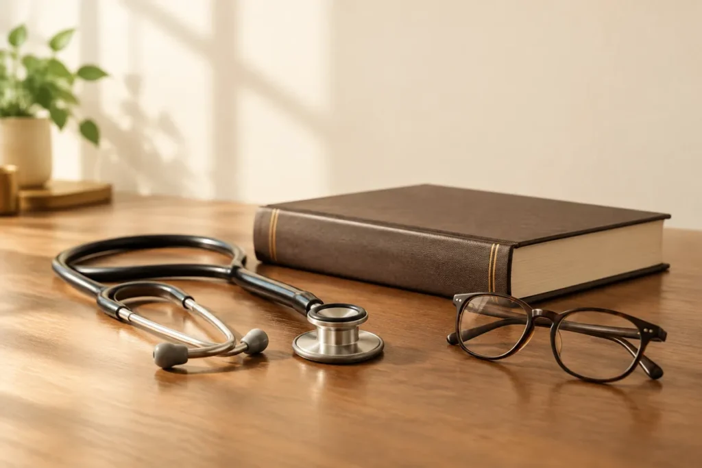 Estetoscópio, livro de medicina e óculos sobre uma mesa de madeira