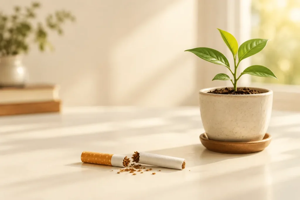 Cigarro quebrado ao lado de uma muda de planta em um vaso