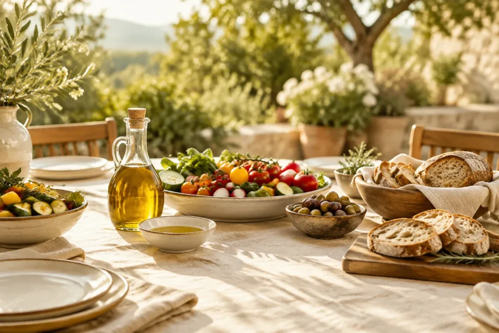 Mesa posta ao ar livre com azeite, legumes e pão