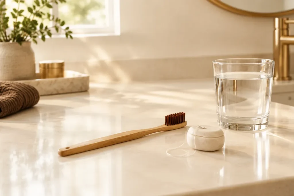 Escova de dentes de bambu, fio dental e um copo de água
