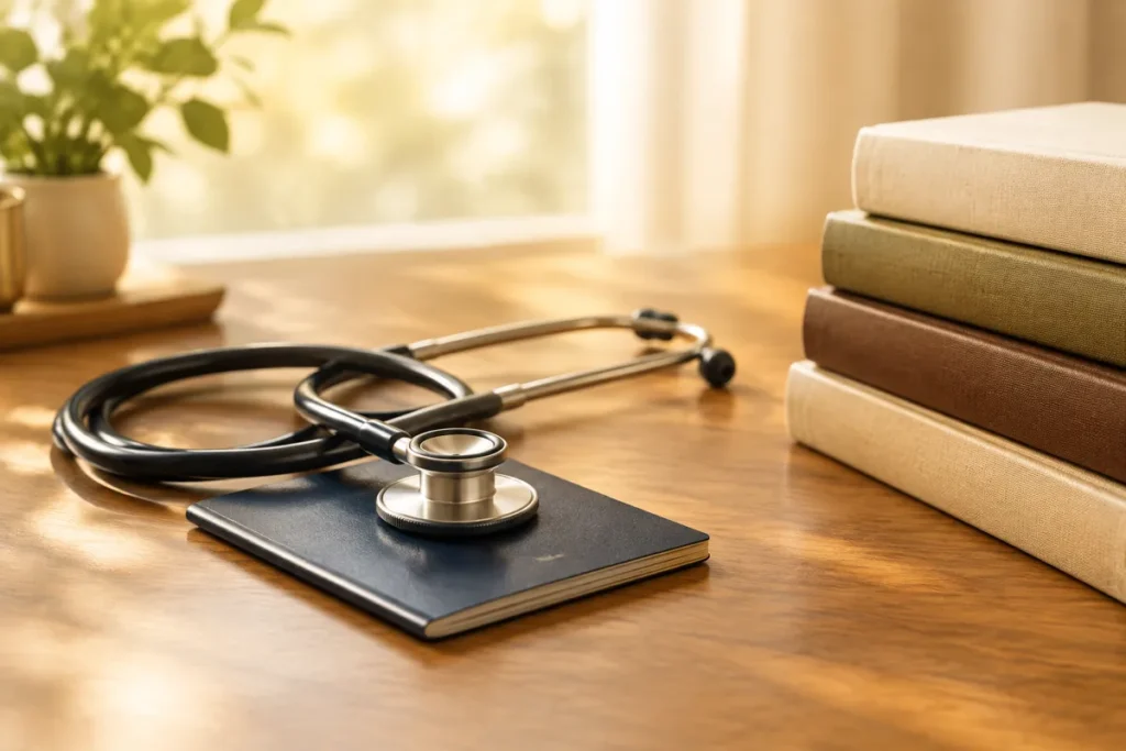 Estetoscópio sobre passaporte e livros de medicina