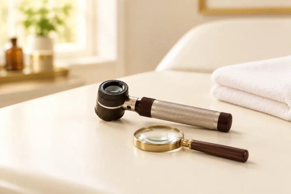 Dermatoscópio e lupa sobre a mesa de exame