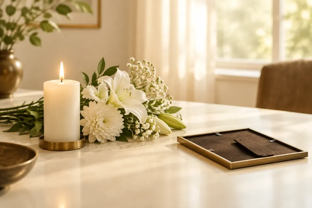 Vela acesa ao lado de flores brancas sobre uma mesa