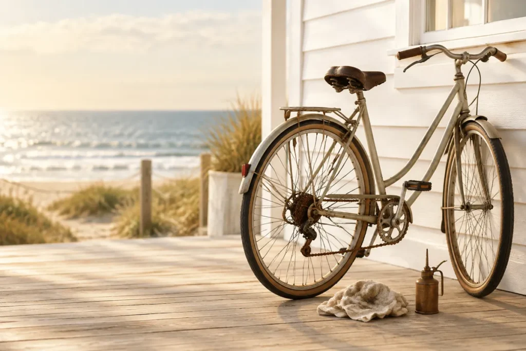 Bicicleta encostada na parede de uma casa de praia, com pano e óleo no chão