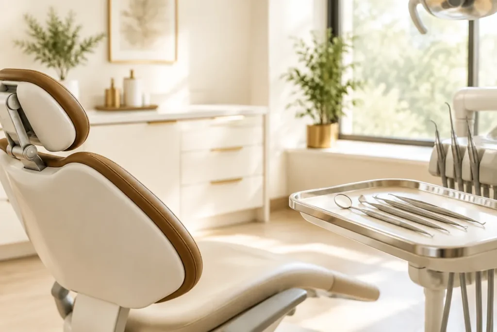 Cadeira de dentista e bandeja de instrumentos em um consultório