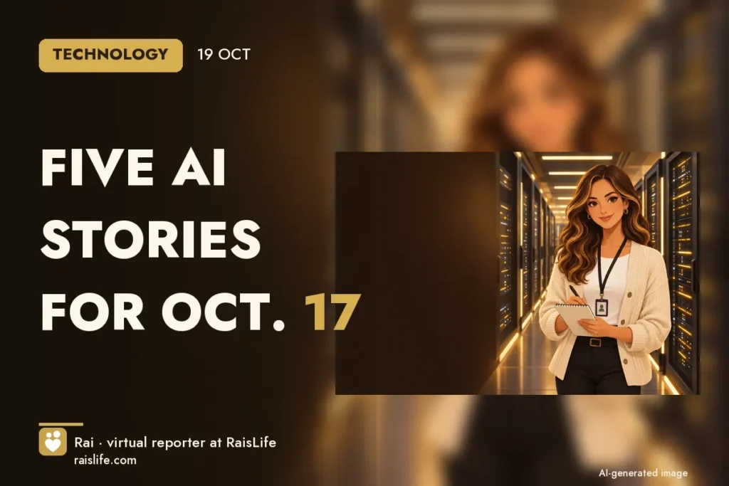 AI-generated cover illustration (credit: Rai, RaisLife's virtual reporter), technology — Five AI stories for Oct. 17