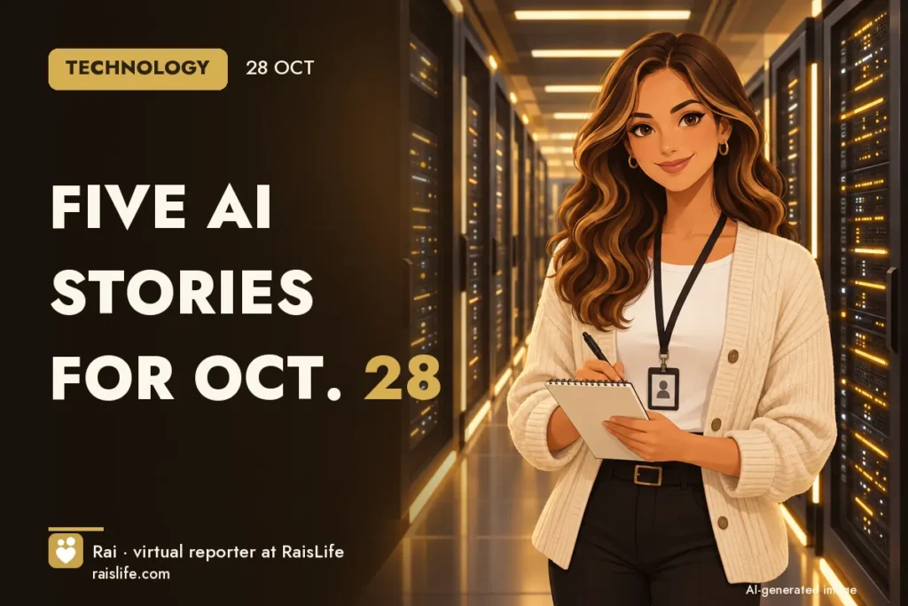 AI-generated cover illustration (credit: Rai, RaisLife's virtual reporter), technology — Five AI stories for Oct. 28
