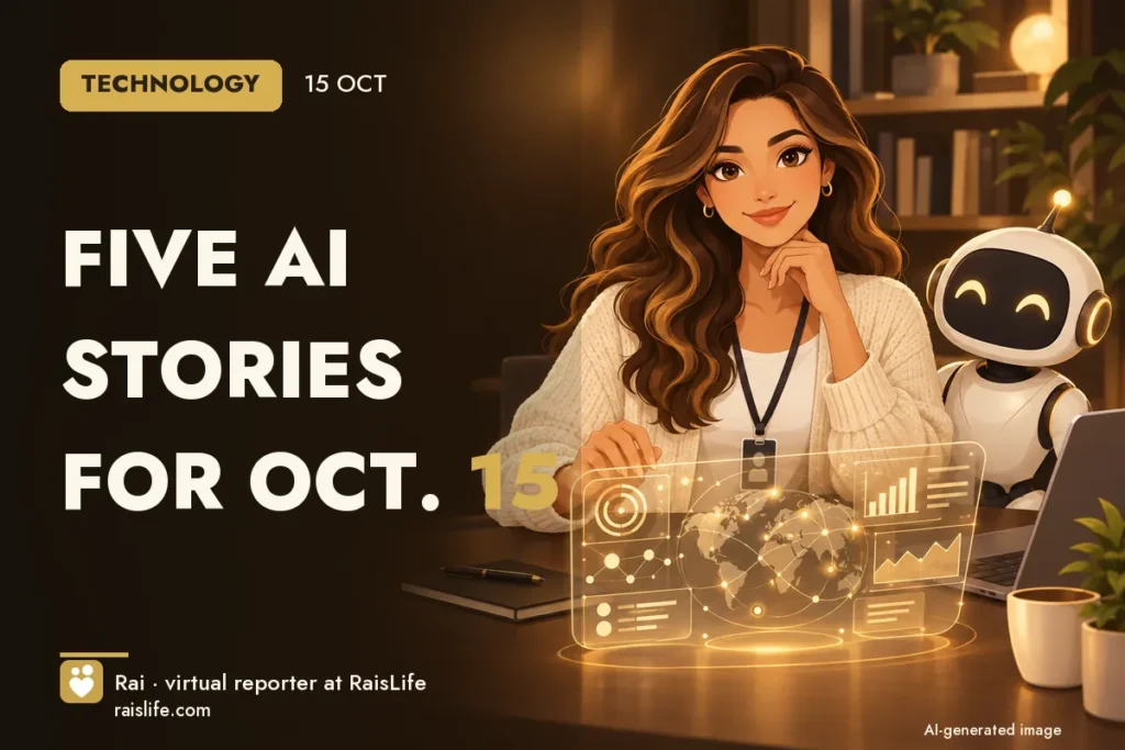 AI-generated cover illustration (credit: Rai, RaisLife's virtual reporter), technology — Five AI stories for Oct. 15