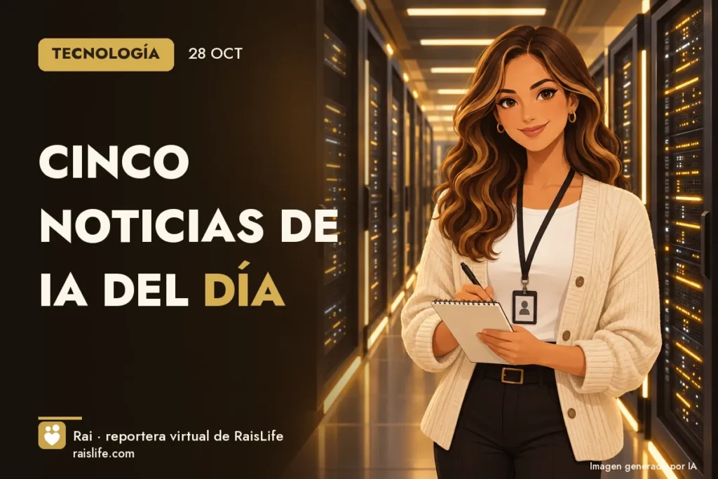 Portada ilustrada generada por IA (crédito: Rai, la reportera virtual de RaisLife), tecnología — Cinco noticias de IA del día